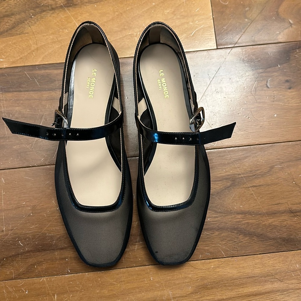 Monde Beryl Patent leather-trimmed mesh Mary Jane ballet flats.